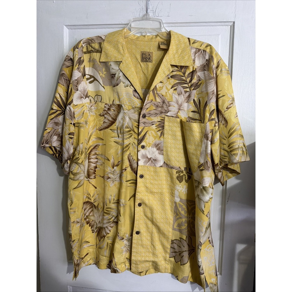 Jos. A. Bank 100% Silk Hawaiian Shirt Floral Print Medium Yellow Brown White
